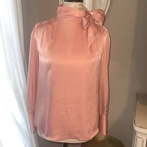 Worthington Petite XS pink women’s blouse with ribbon 🎀 tie bow button shirt XS